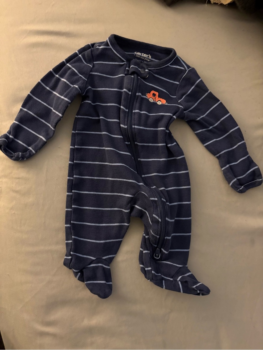 Carter's Navy and White Striped Footed One-Piece with Orange Truck